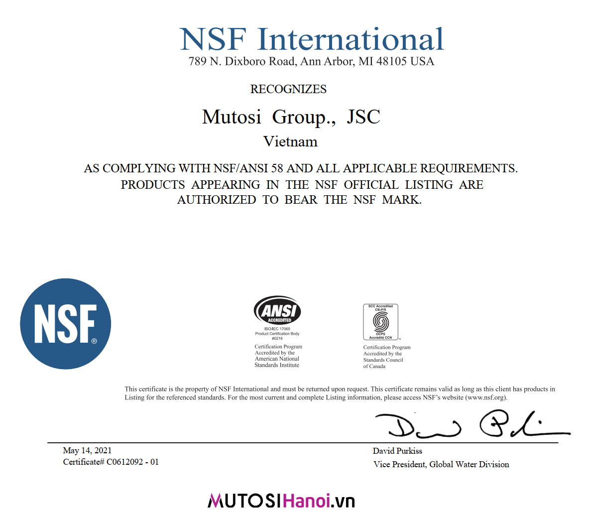 Lõi lọc nước Mutosi Số 4 chứng nhận